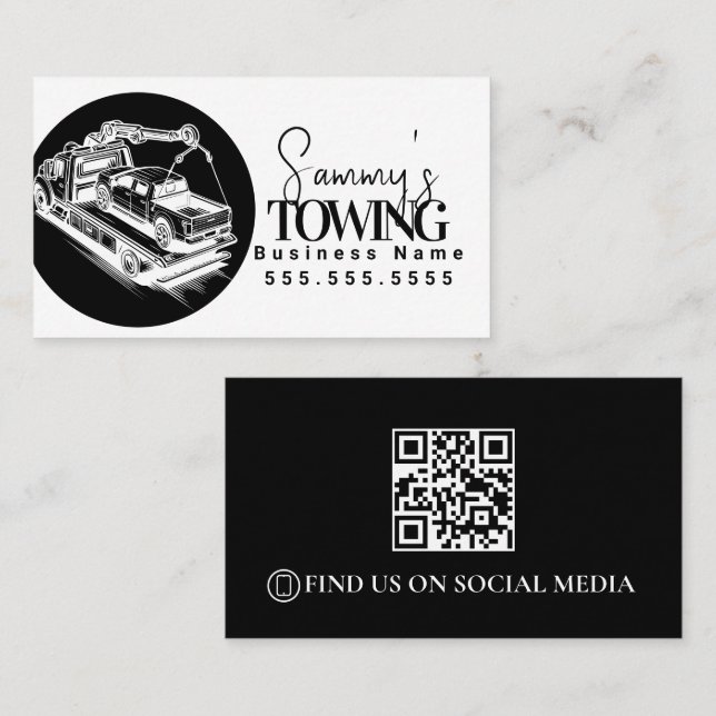 Cartão De Visita Código QR de Serviços de Reboque Preto e Branco (Frente/Verso)