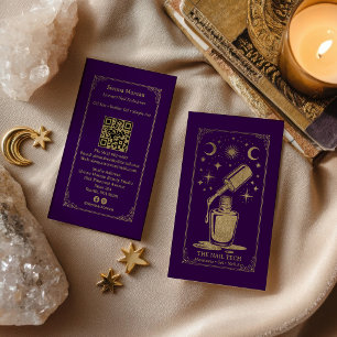 Cartão De Visita Código QR de Tarot Celestial Roxo Dourado para Art