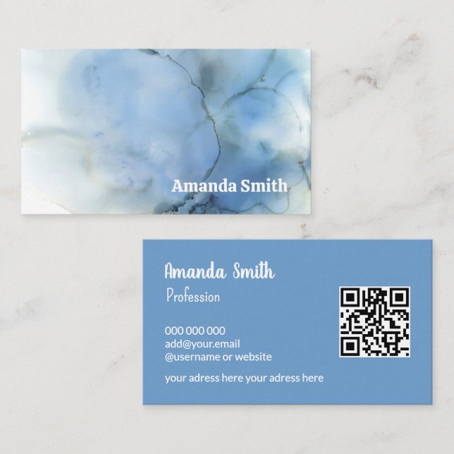 Cartão De Visita Código QR de tendência azul de abstrato pastel leg (Frente/Verso)