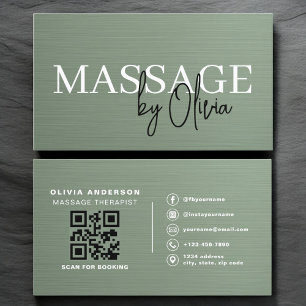 Cartão De Visita Código QR de Terapeuta de Massagem Verde Sage Metá