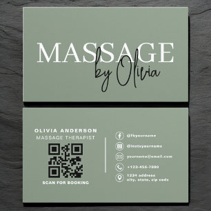 Cartão De Visita Código QR de Terapeuta de Massagem Verde Sal Luxuo