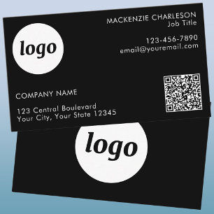 Cartão De Visita Código QR de texto e logotipo simples preto