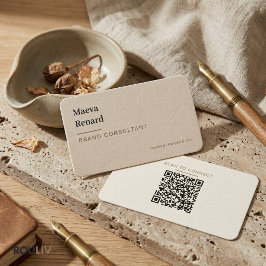 Cartão De Visita Código QR de Textura de Linho Bege Morno Minimalis