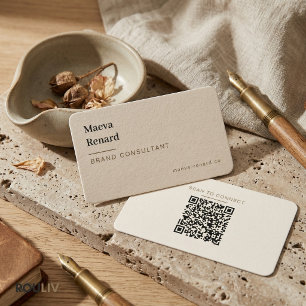 Cartão De Visita Código QR de Textura de Linho Bege Morno Minimalis