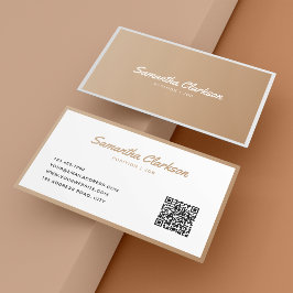 Cartão De Visita Código QR de Tipografia de Script de Borda bege de