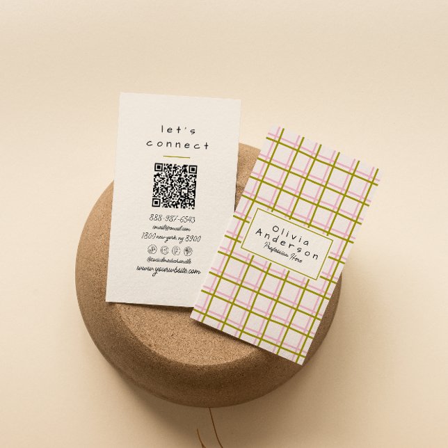 Cartão De Visita Código QR de Trendy Trendy de Stripes Verdes Verme (Criador carregado)