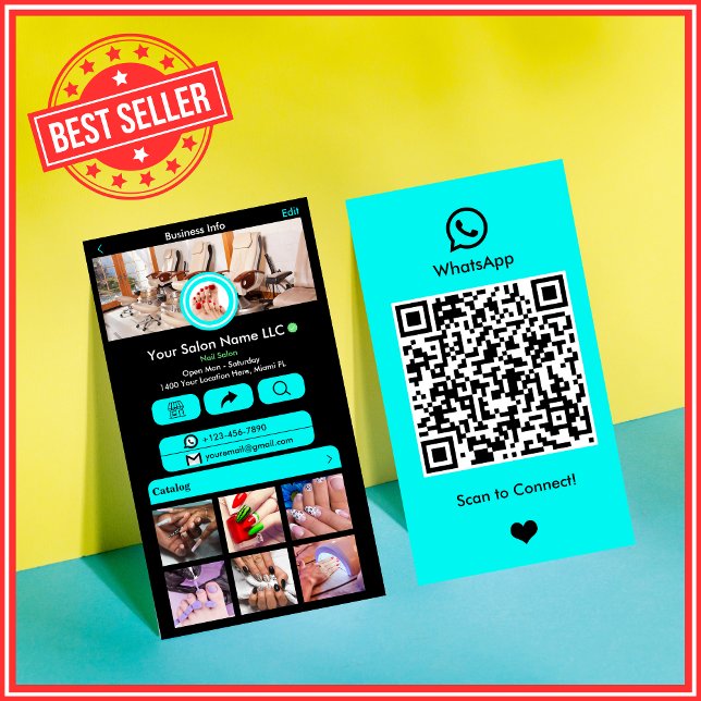 Cartão De Visita Código QR de WhatsApp Nail Salon Turquoise Social  (Criador carregado)