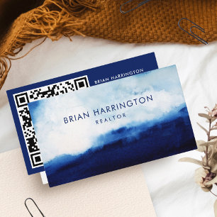 Cartão De Visita Código QR Digitalizável Aquarela Marinho com Cor d