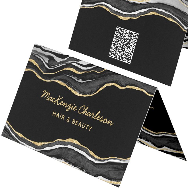 Cartão De Visita Código QR do Agate Dourado da Marmota Preta (Black marble agate with faux gold glitter custom business card with QR code)