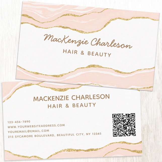Cartão De Visita Código QR do Agato Dourado de Lâmpada Rosa de Márm (Blush pink agate marble faux gold elegant custom business card with QR code)