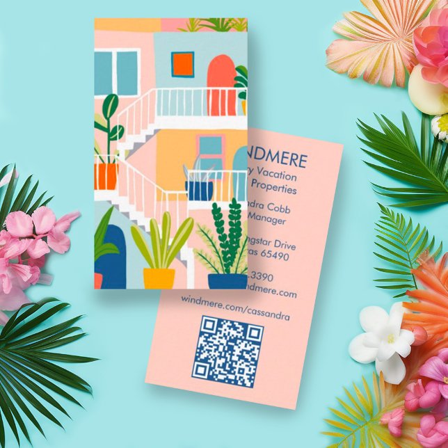 Cartão De Visita Código QR do Agente Imobiliário de Aluguer de Féri (Custom artwork real estate business cards perfect for vacation rental agents, custom QR code)