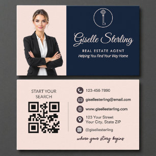 Cartão De Visita Código QR do Agente Imobiliário de Blush de Foto d