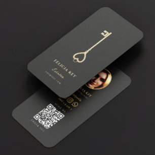 Cartão De Visita Código QR do Agente Imobiliário de Chave Dourada V