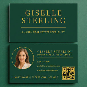 Cartão De Visita Código QR do Agente Imobiliário Dourado Elegante V