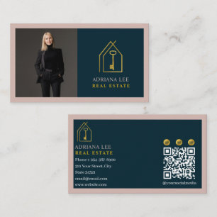 Cartão De Visita Código QR do Agente Imobiliário Foto Real Gold Key