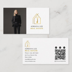 Cartão De Visita Código QR do Agente Imobiliário Foto Real Gold Key