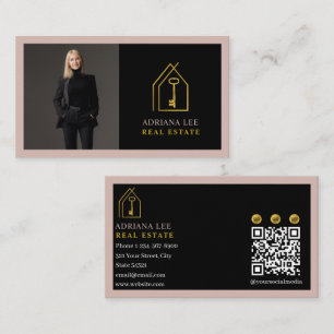 Cartão De Visita Código QR do Agente Imobiliário Foto Real Gold Key