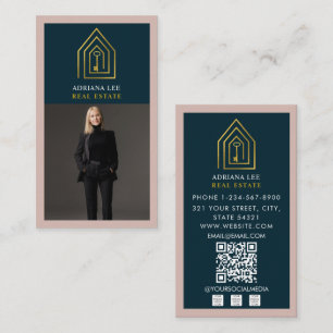 Cartão De Visita Código QR do Agente Imobiliário Foto Real Gold Key