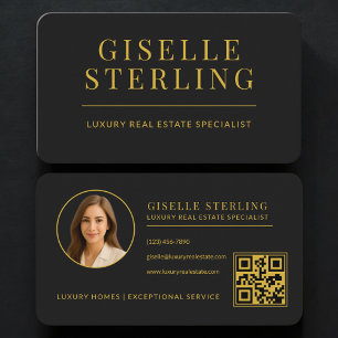 Cartão De Visita Código QR do Agente Imobiliário Preto Dourado