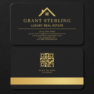 Cartão De Visita Código QR do Agente Imobiliário Preto e Dourado