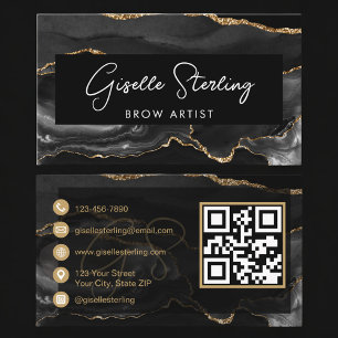 Cartão De Visita Código QR do Artista de Sobrancelhas Black Gold