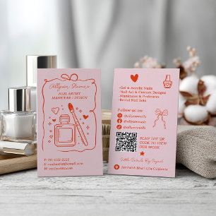 Cartão De Visita Código QR do Artista de Unhas Pink Retro Vermelho