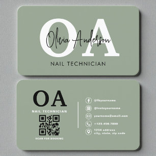Cartão De Visita Código QR do Artista de Unhas Verde Sage