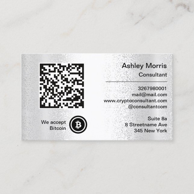 Cartão De Visita Código QR do Bit Me Aceitamos Bitmaps Silver Perso (Frente)