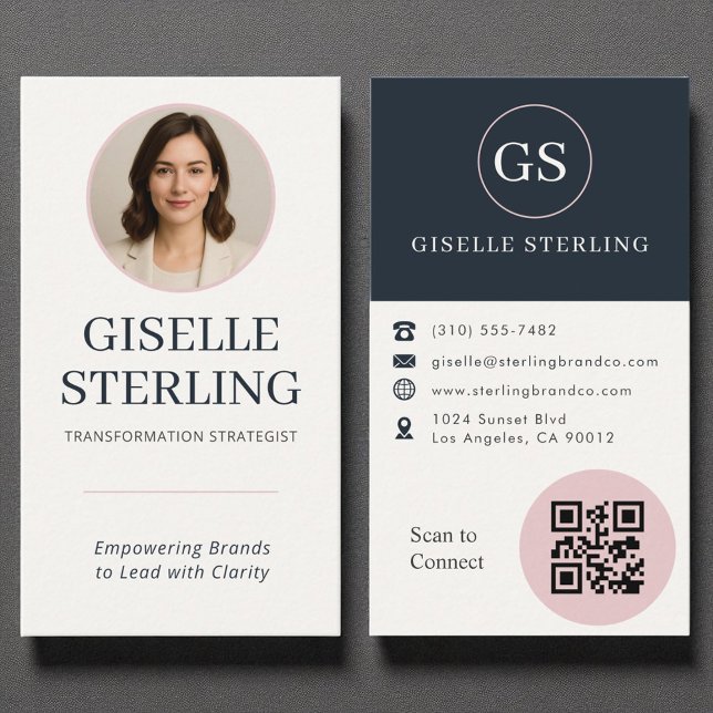 Cartão De Visita Código QR do Blush e Marinho profissional moderno (Criador carregado)