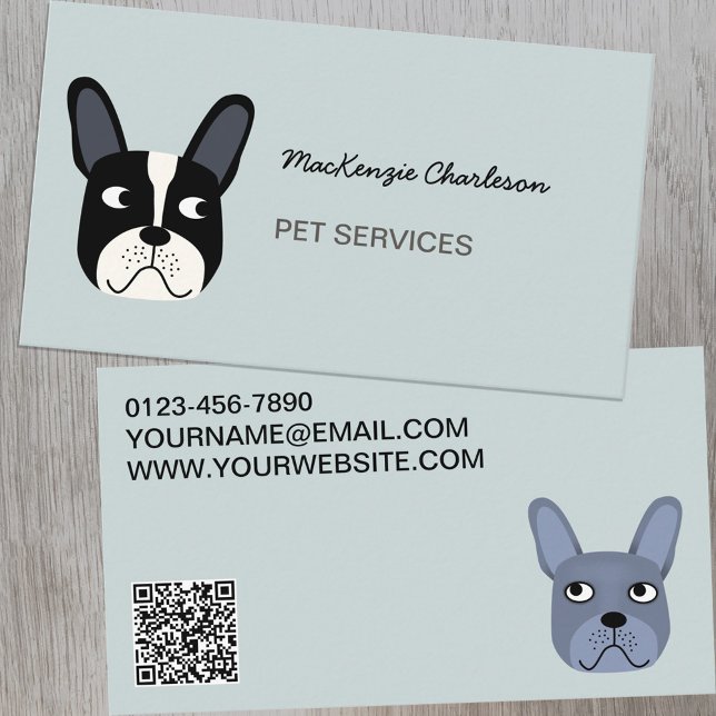 Cartão De Visita Código QR do Buldogue dos Serviços de Pet Francese (Dog French Bulldock animal pet dog business cards with QR code)