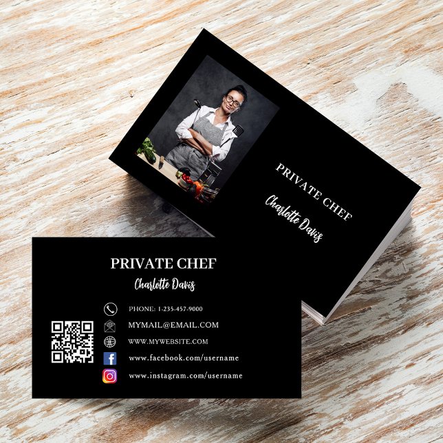 Cartão De Visita Código QR do chef particular preto branco catering (Criador carregado)