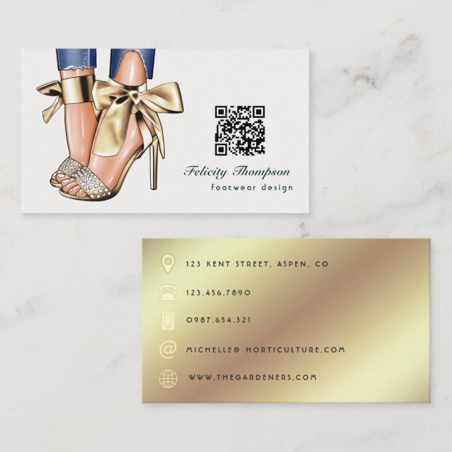 Cartão De Visita Código QR do Designer de Moda Glam Chic Gold (Frente/Verso)