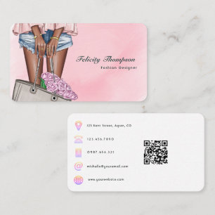 Cartão De Visita Código QR do Designer de Moda rosa e Dourada