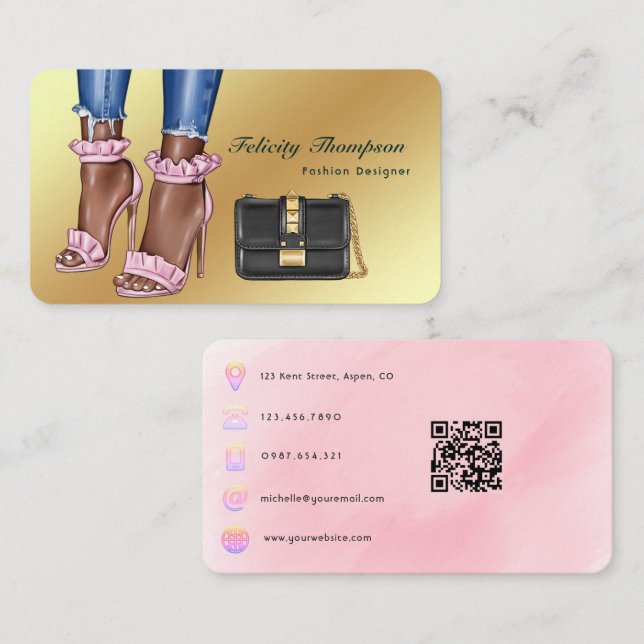 Cartão De Visita Código QR do Designer de Moda rosa e Dourada (Frente/Verso)