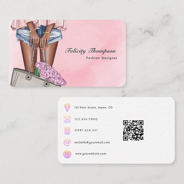 Cartão De Visita Código QR do designer de moda rosa e dourado (Frente/Verso)