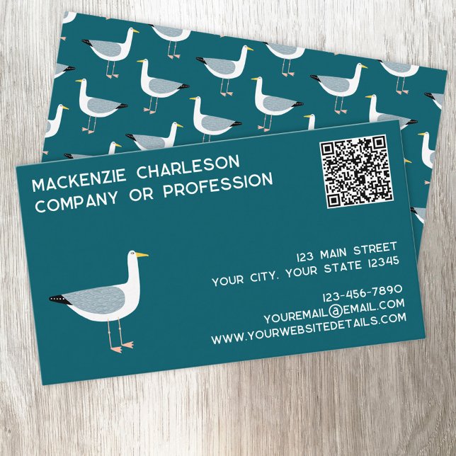 Cartão De Visita Código QR do fragmento (Seagull coastal nautical personalized text QR code custom business cards)