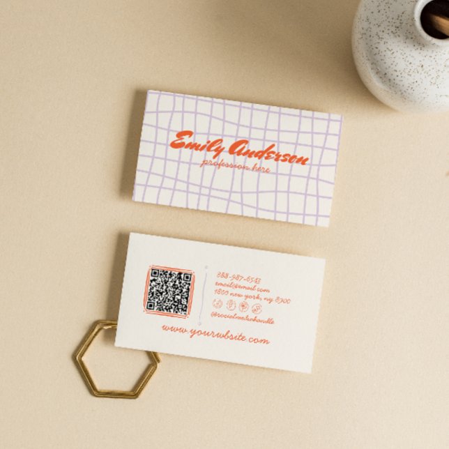 Cartão De Visita Código QR do Groovy Escrito com Mão Roxo Retro (Criador carregado)