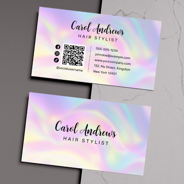 Cartão De Visita Código QR do Hairstylist Holográfico do Pastel Ele (Criador carregado)