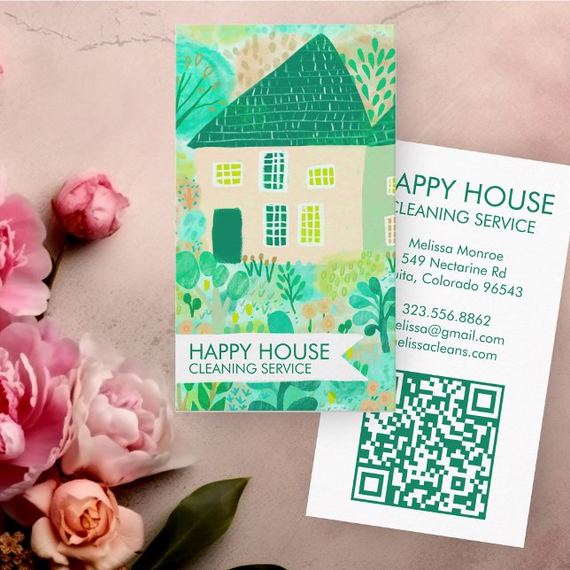 Cartão De Visita Código QR do Jardim de Limpeza da Casa de Aquarela (Watercolor House Cleaning Yardwork Garden QR Code Business Card
)