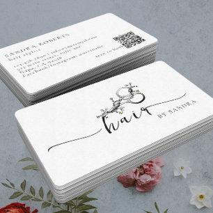 Cartão De Visita Código QR do Logotipo de Tesoura Floral Elegante Ú