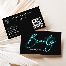 Cartão De Visita Código qr do logotipo do script de beleza neon azu