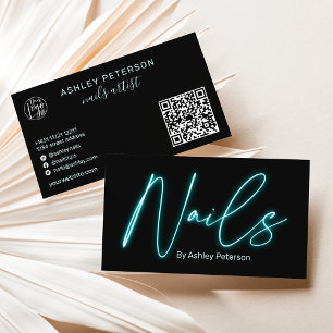 Cartão De Visita Código qr do logotipo do script unhas neon azul-gl