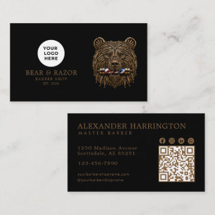Cartão De Visita Código Qr do Logotipo do Urso de Bronze da Barbear