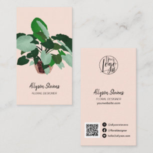Cartão De Visita Código qr do logotipo rosa das plantas do designer
