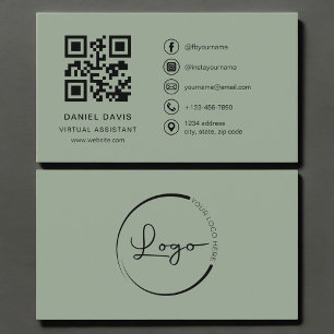 Cartão De Visita Código QR do Logotipo Verde Sage do Assistente Vir