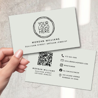 Cartão De Visita Código QR do Logotipo Verde Sage Minimalista Moder