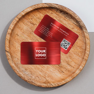 Cartão De Visita Código QR do Logotipo Vermelho Metálico Bruto Prof