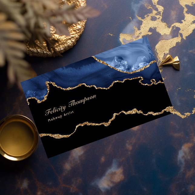 Cartão De Visita Código QR do marinho e do Precioso Agate Dourado (Criador carregado)