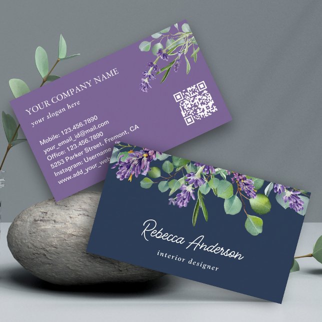 Cartão De Visita Código QR do Marinho Eucalyptus Floral de Lavanda  (Criador carregado)