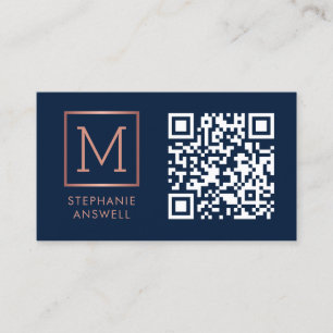Cartão De Visita Código QR do marinho Logotipo Monograma Rosa Doura